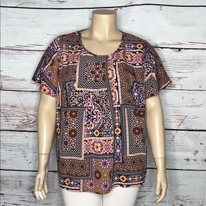 Denim & Co. Size 2X Geometric Patchwork Print Flutter Sleeve Blouse Top